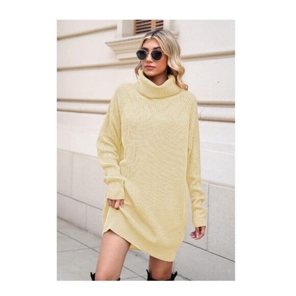 LilluSory Loose Turtleneck Sweater Dress S Oversize Ribbed Knit Slit Pullover - Picture 2 of 11